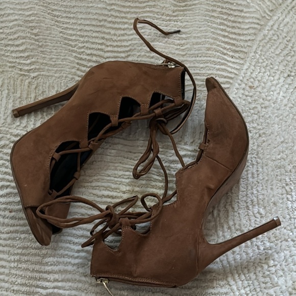 ALDO Faux suede lace up‎ open peek toe brown stiletto heels sandals sz 8 - Picture 3 of 11